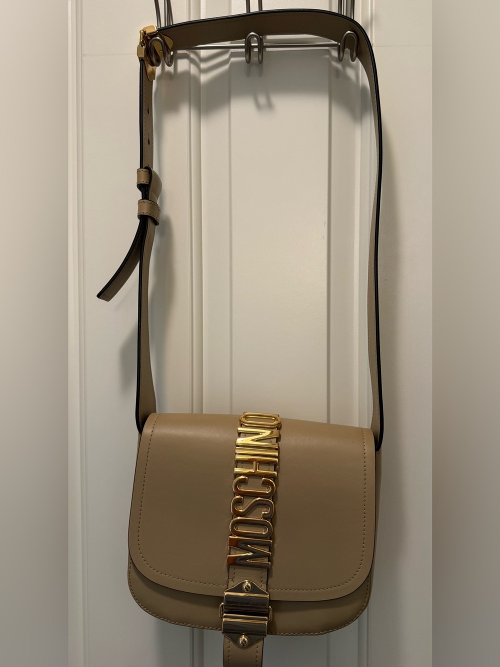 Moschino Taupe Leather Crossbody with Gold Logo Hardware